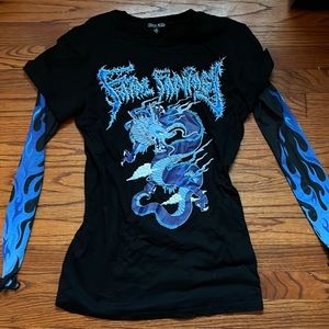 Black and blue tshirt with attached mesh flame sleeves. Brand Dolls Kill. Small.